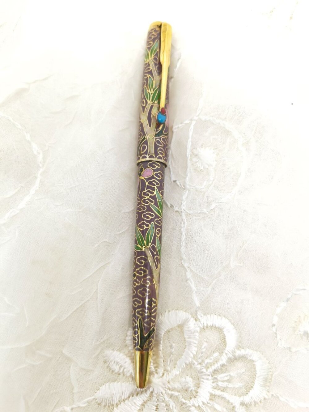 Vintage Chinese Cloisonne Enameled Ball Point Pen ~ Pink ~ Brown - Works